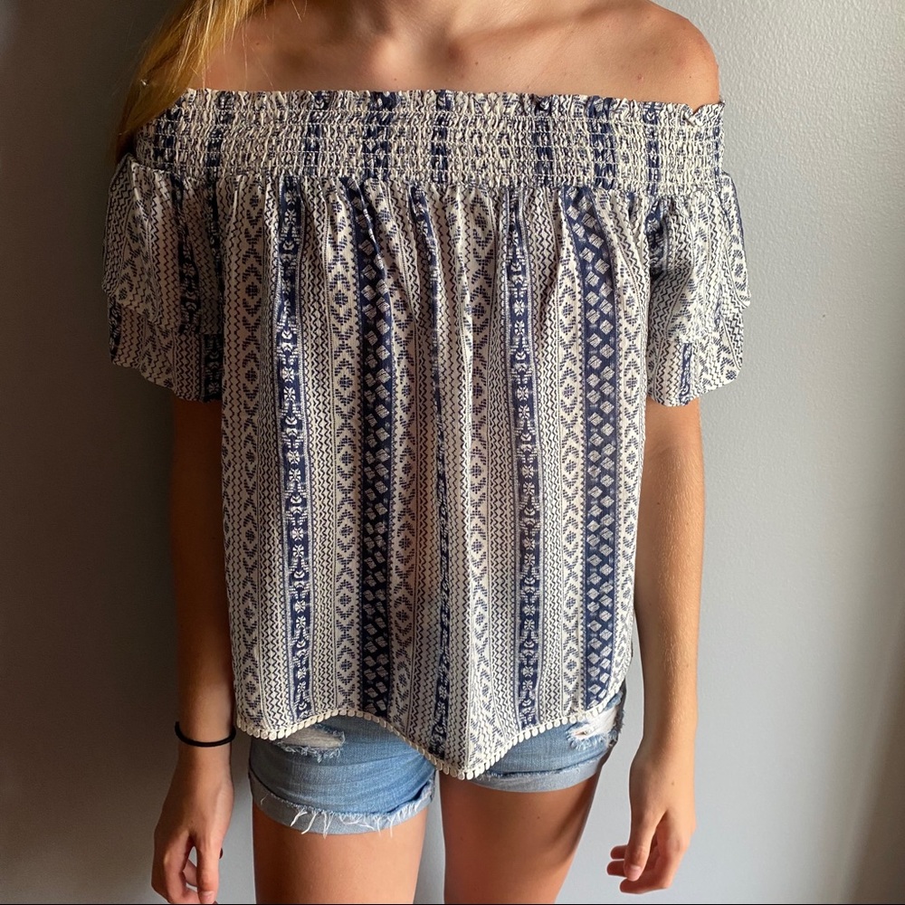 Blue and White Off The Shoulder Top